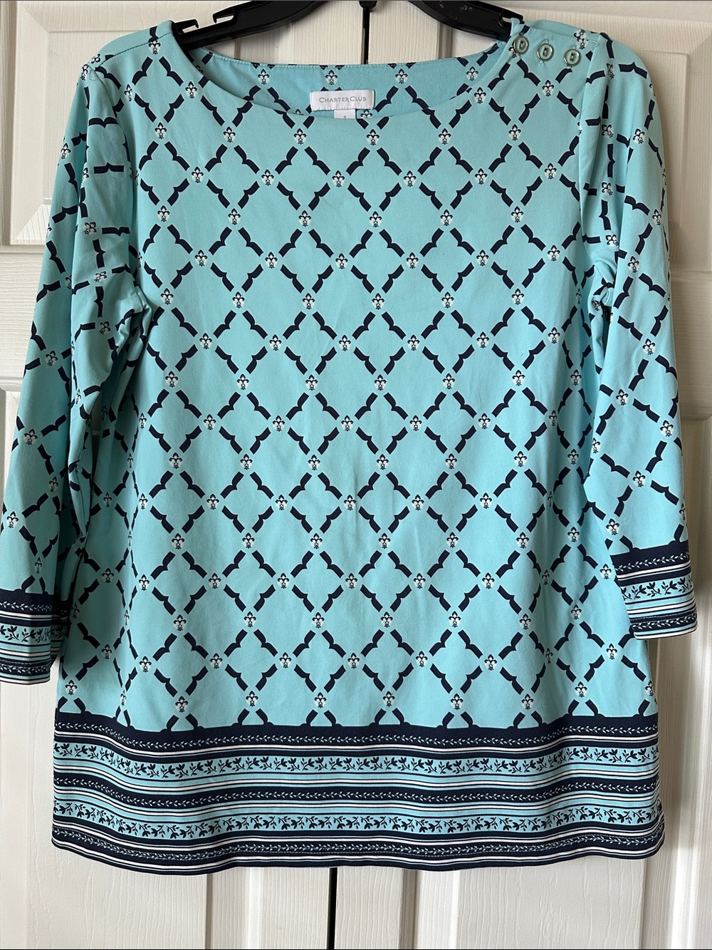 Charter Club Aqua and Navy Geometric Border Knit Top